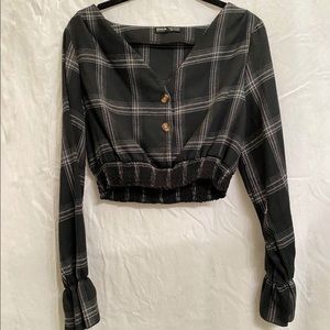 Plaid, black and white, cropped v-neck top